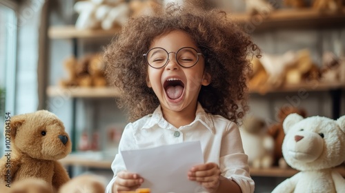 A child exuberantly holding a piece of paper with a wide smile while surrounded by teddy bears, encapsulates joy, happiness, and sheer excitement in a playful environment. photo