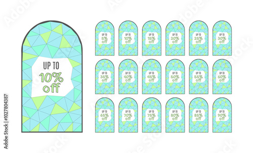 Set of discount labels. Up to 5, 10, 15, 20, 25, 30, 35, 40, 45, 50, 55, 60, 65, 70, 75, 80, 85, 90 percent off written on a blue and green stained glass.