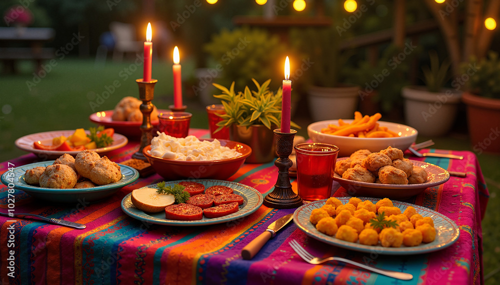 Festive dinner table with colorful food, warm ambiance, decorated outdoor setting, copy space Festive dinner table with colorful food, warm ambiance, decorated outdoor setting, copy space