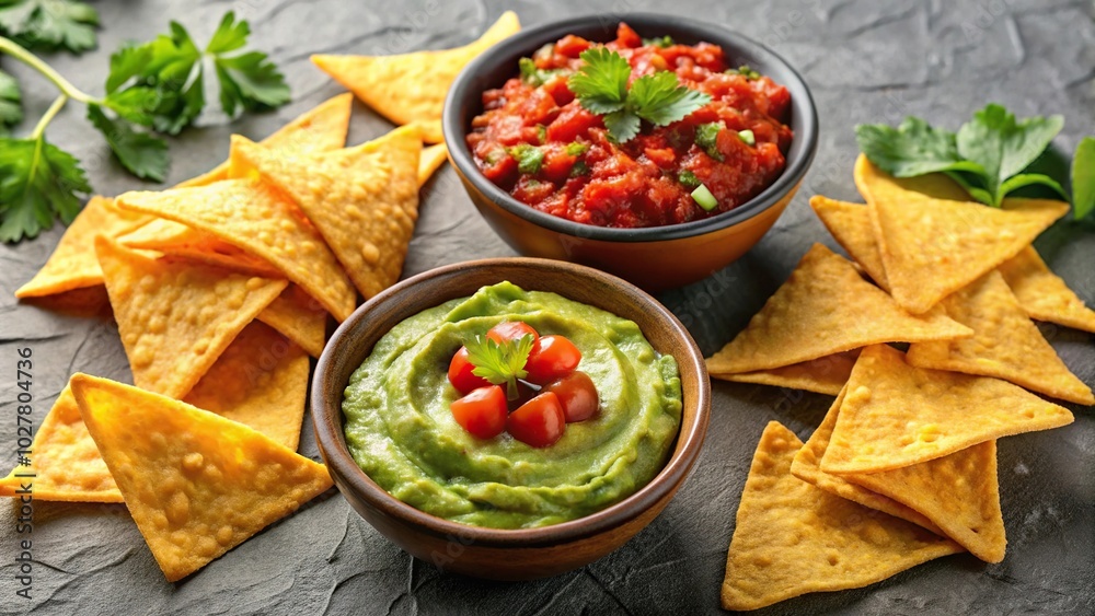 Extreme close-up of guacamole with nachos and salsa sauce on grey background Extreme close-up of guacamole with nachos and salsa sauce on grey background
