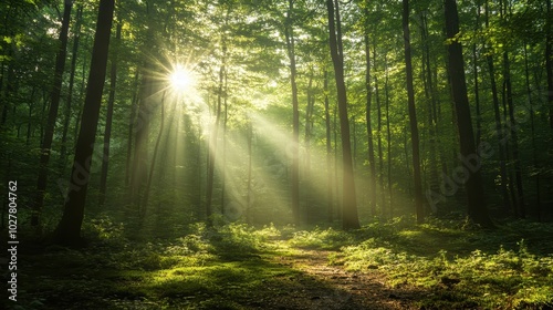 The sun peeks through dense forest trees, creating a beautifully illuminated path in an early day setting. This scene embodies the essence of tranquility and exploration.