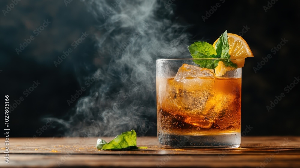 A tempting whiskey cocktail shown with mint and lemon garnish, creating a refreshing contrast against a wooden table, emanating warmth and zest.