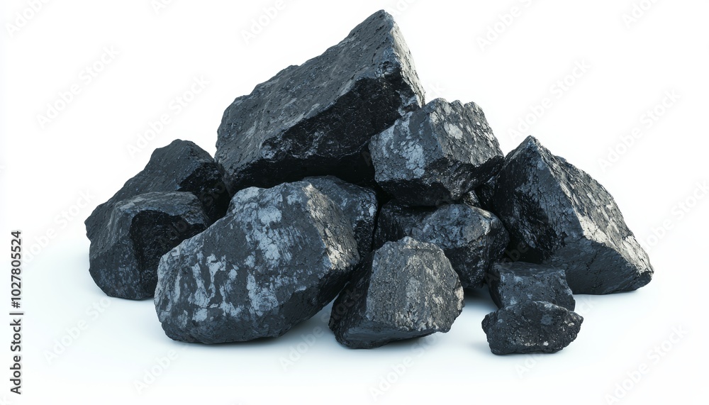 Large coal rocks with scattered small fragments, isolated on white background, representing traditional energy sources and natural minerals Large coal rocks with scattered small fragments, isolated on white background, representing traditional energy sources and natural minerals