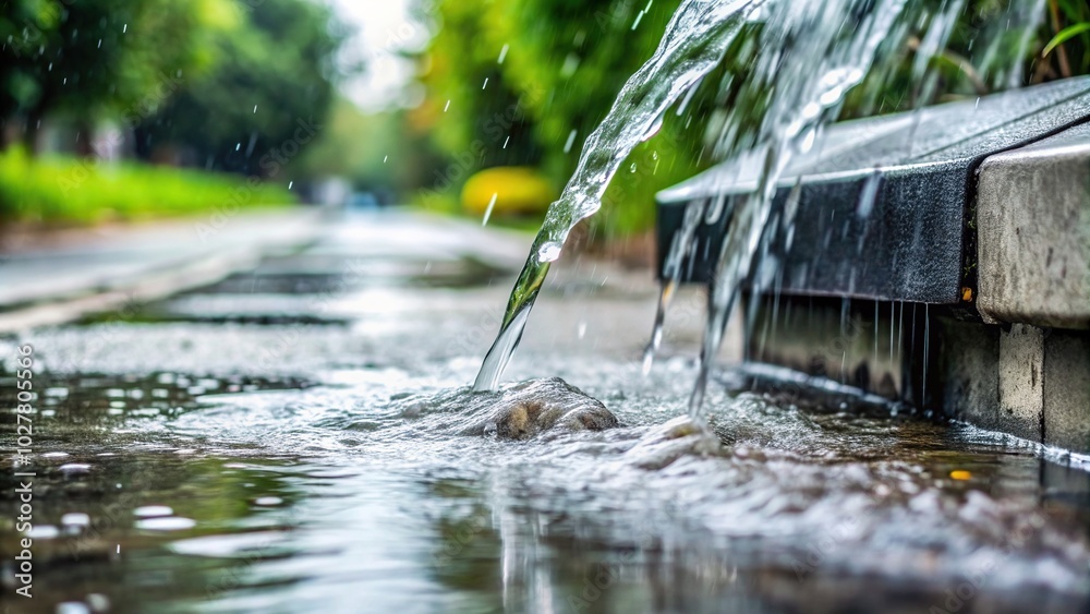 Fototapeta premium A closeup of water pouring from a downspout onto a concrete splash block and overflowing onto a sidewalk path during a heavy rainstorm, rainstorm, concrete,downspout, heavy rain, house