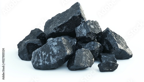 Large coal rocks with scattered small fragments, isolated on white background, representing traditional energy sources and natural minerals photo