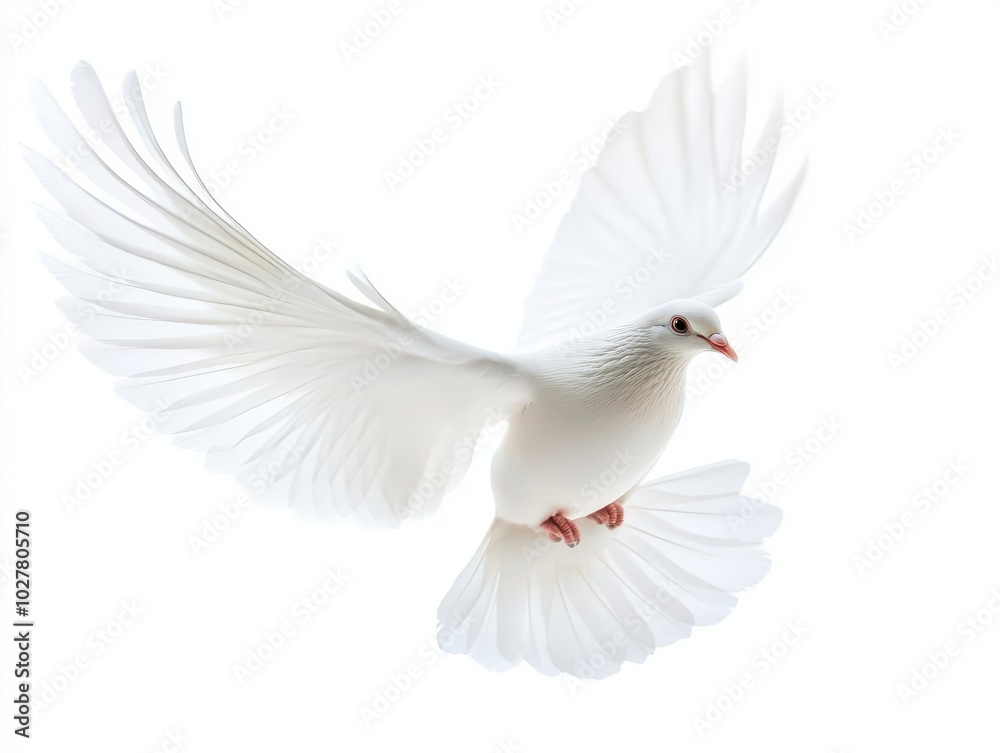 Fototapeta premium dove gracefully captured in mid-flight, its pure white feathers contrasting beautifully against a stark white background, symbolizing peace and freedom
