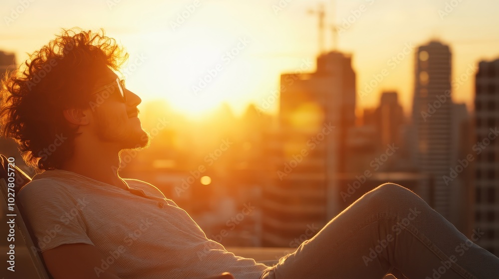 A relaxed man lounges on a rooftop with a serene expression, enjoying the sunset and urban skyline, evoking a peaceful and introspective moment.