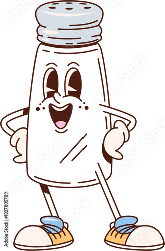 Salt shaker retro groovy kitchenware and utensil character. Isolated cartoon vector culinary personage with a smiling face, cheerful expression and wearing sneakers, exudes a playful and friendly vibe
