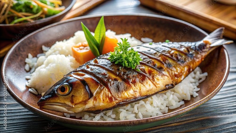 Extreme close-up of grilled mackerel in teriyaki sauce with Japanese rice in a restaurant Extreme close-up of grilled mackerel in teriyaki sauce with Japanese rice in a restaurant