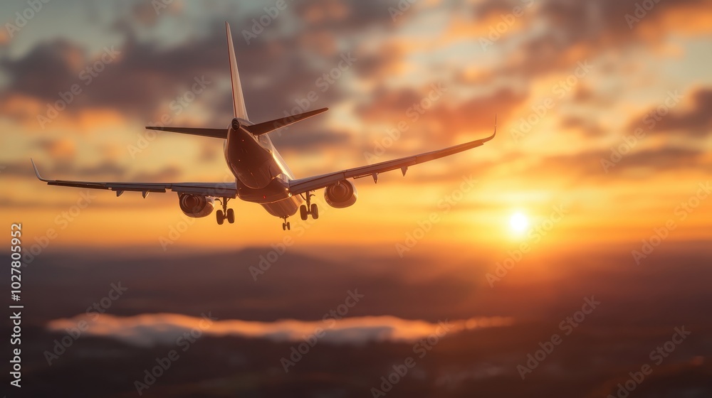An airplane is captured descending against a vibrant sunset skyline, showcasing dynamic motion and the allure of travel with enchanting light and shadow play in the sky. An airplane is captured descending against a vibrant sunset skyline, showcasing dynamic motion and the allure of travel with enchanting light and shadow play in the sky.