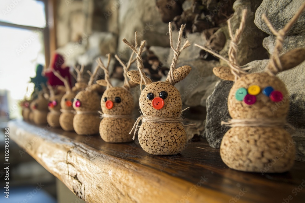 Obraz premium Adorable handmade reindeer crafts made with corks are standing on a shelf