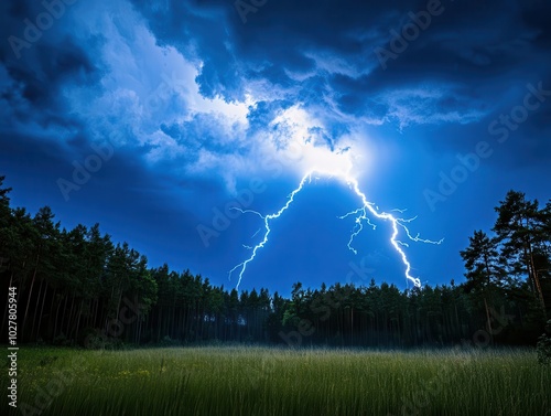 dramatic lightning illuminating a deep blue sky, with crackling effects and vivid energy, creating an intense atmosphere that evokes awe and respect for nature's power