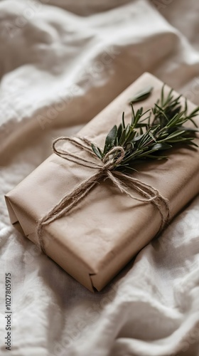 A photo of an elegant, wrapped gift with natural twine and dried thyme tied around it, sitting on top of a vintage-style tablecloth