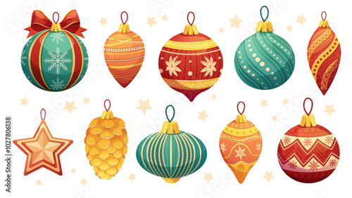 Set of painted Christmas tree toys on white background. Festive glass balls with pattern. Vector isolated elements