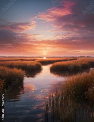 A sunset over a marsh with reeds and water and trees