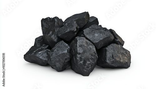 Pile of black coal chunks isolated on a white background, showcasing raw energy resources with rough texture