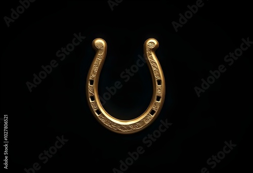 glowing gold horseshoe with intricate engravings, isolated on deep black background create with ai