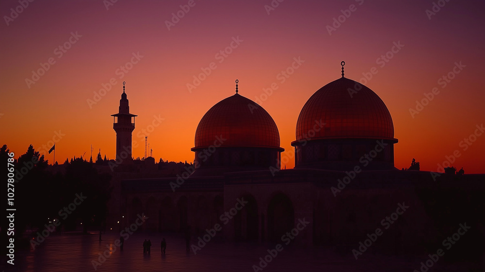 Fototapeta premium Al-Aqsa Mosque in Jerusalem at dusk, its gilded dome shimmers in the soft light of the setting sun, Ai generated images