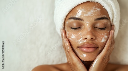 A serene scene of a woman with closed eyes, wrapped in a towel, enjoying a soothing facial spa treatment, highlighting relaxation and skincare luxury.