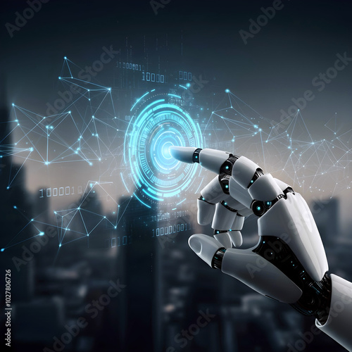 Wallpaper Mural Artificial intelligence with robotic hand touch, press glowing button on holographic virtual interface, network, city on background, robot programm, activate, destroy, ai threat, danger for humanity.
 Torontodigital.ca