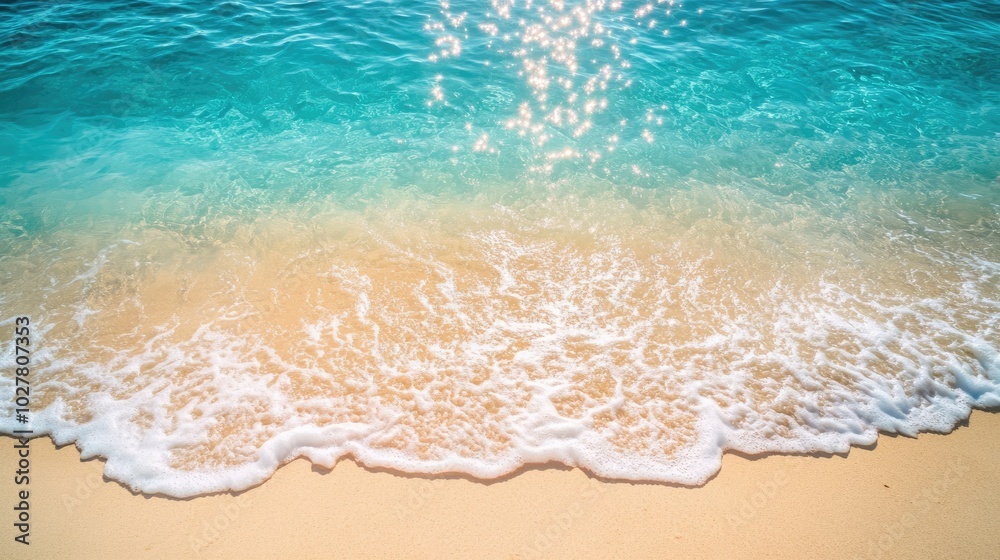 High-altitude view of crystal-clear sea with gentle waves and a bright sandy beach under the sun High-altitude view of crystal-clear sea with gentle waves and a bright sandy beach under the sun