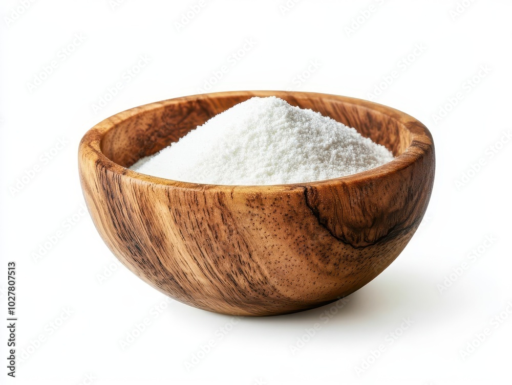 fine white powder delicately poured into a rustic wooden bowl, isolated against a crisp white background, focusing on texture and simplicity, evoking a sense of purity and natural ingredients fine white powder delicately poured into a rustic wooden bowl, isolated against a crisp white background, focusing on texture and simplicity, evoking a sense of purity and natural ingredients