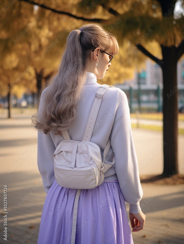 Fototapeta premium A student with a violet lavender backpack in school uniform, walking on a campus outdoors, seen from behind. A high school or university teenager girl. Casual teen outfit fashion. Light purple shades