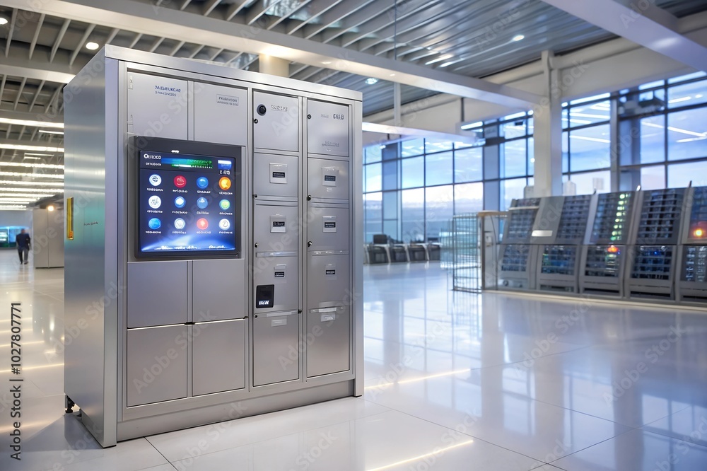 Modern Travel Locker. A Metallic Body and Glass Door futuristic Travel locker with digital lock and touch screen interface, Placed in a Airport Setting. Modern Travel Locker. A Metallic Body and Glass Door futuristic Travel locker with digital lock and touch screen interface, Placed in a Airport Setting.