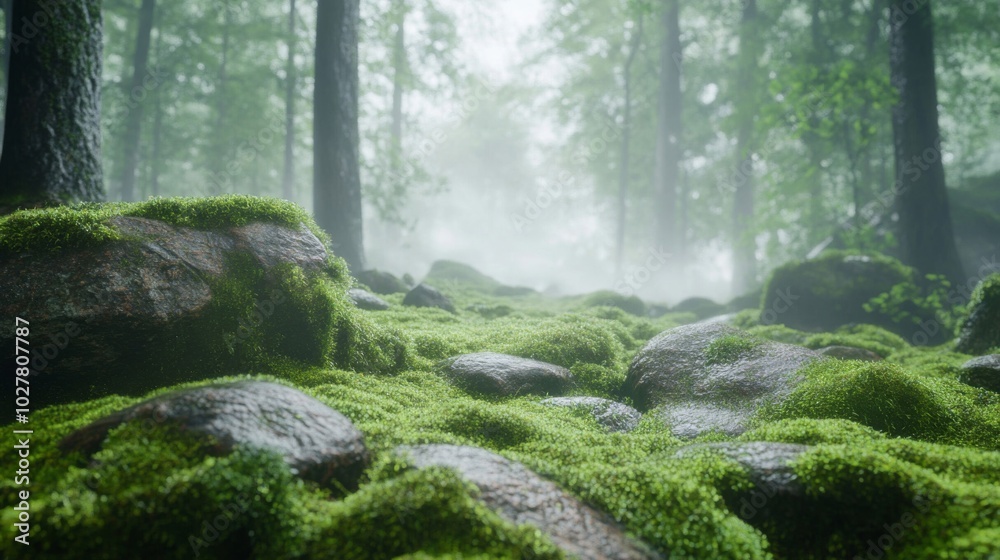 Moss-Covered Rocks in a Misty Forest Moss-Covered Rocks in a Misty Forest