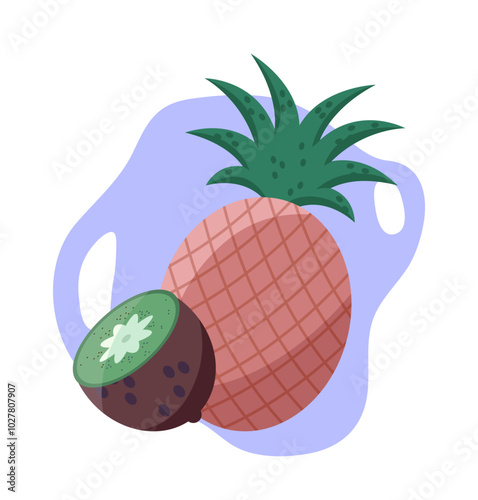 Set of fruits. Kiwi and ananas. Natural and organic fresh products with vitamins. Vegetarian ripe eating. Harvest and eating. Flat vector collection