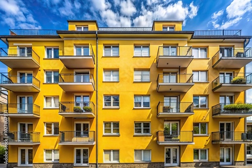Exterior of popular housing building with yellow facade, balcony, and windows, shot from wide angle