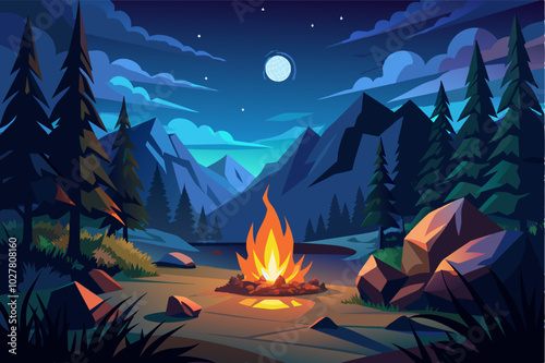 A small fire used to stay warm during a night hike in the mountains, casting an orange glow on the surrounding trees