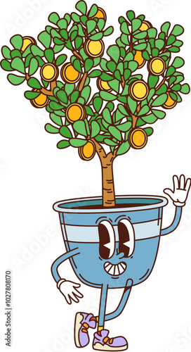 Retro groovy money tree finance character. Isolated cartoon vector vintage moneytree personage with happy face, golden coins on branches, wearing gloves and sneakers, symbolizing wealth and prosperity