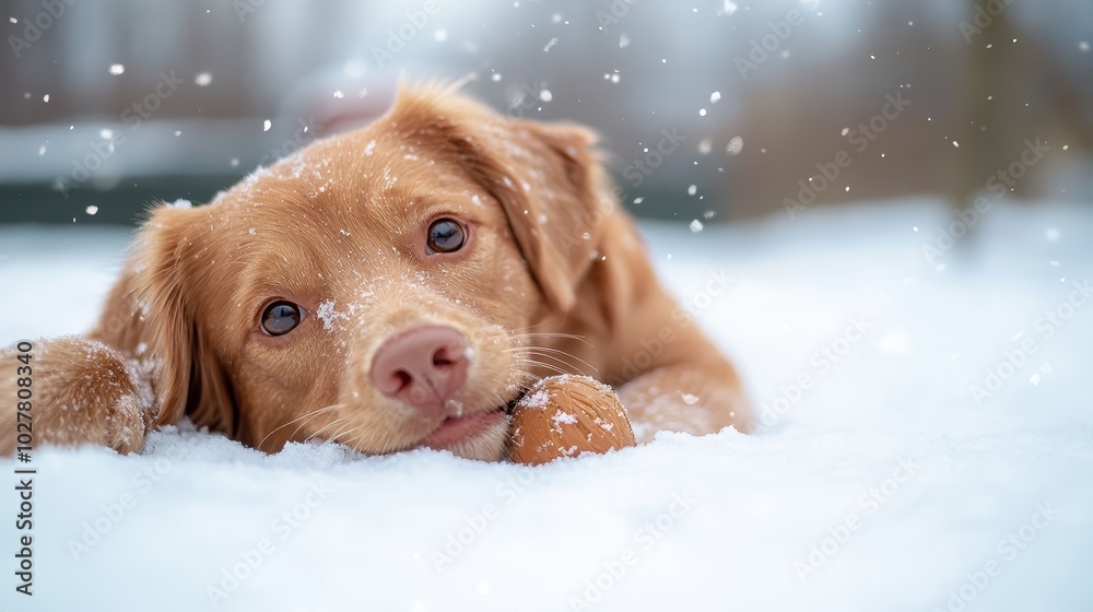 This playful golden puppy chews some snow in a winter wonderland, capturing the essence of joy, innocence, and the simple pleasures of a snowy day. This playful golden puppy chews some snow in a winter wonderland, capturing the essence of joy, innocence, and the simple pleasures of a snowy day.