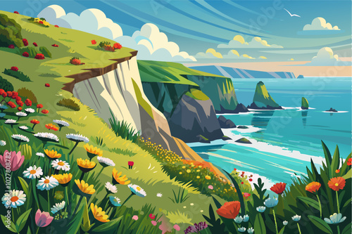 A spring seascape with wildflowers blooming on the cliffs overlooking the ocean