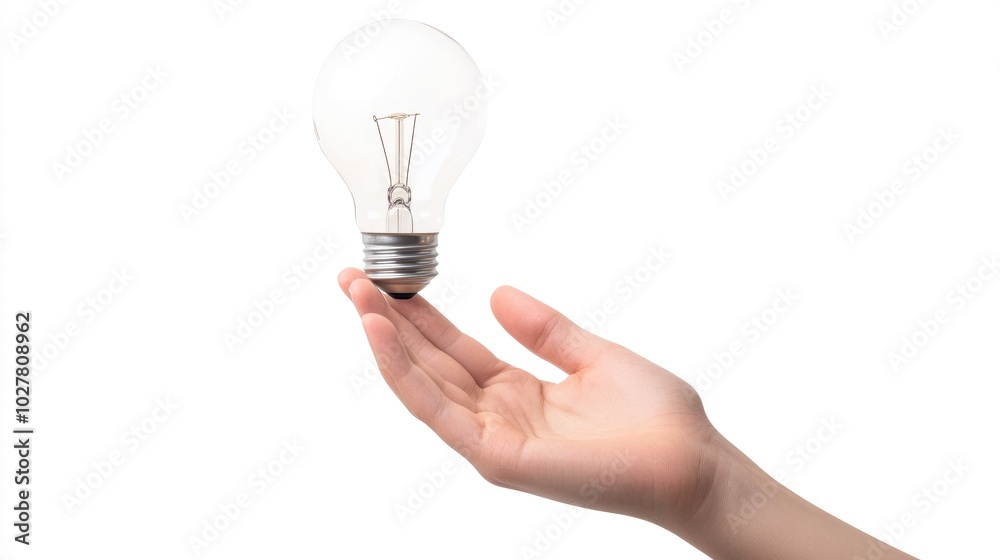 Hand and lightbulb together, on a clean white background, perfect for displaying creative ideas with ample room for text Hand and lightbulb together, on a clean white background, perfect for displaying creative ideas with ample room for text