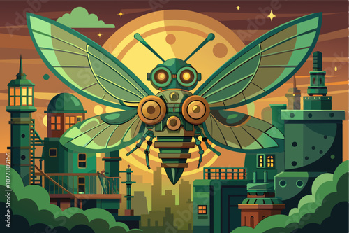 A steampunk dragonfly with gears and pistons for wings, flying through a fantastical cityscape