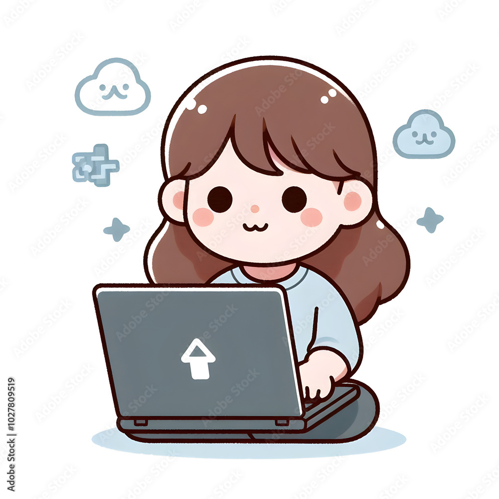 Cute cartoon character working on laptop smiling and content Cute cartoon character working on laptop smiling and content