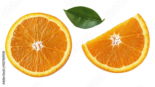 Freshly sliced orange and green leaves displayed on a white background highli...