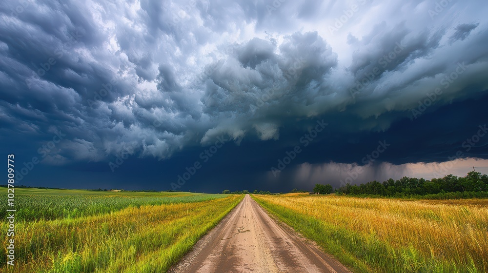 Storm over the road in the countrtyside, heavy clouds on sky Storm over the road in the countrtyside, heavy clouds on sky