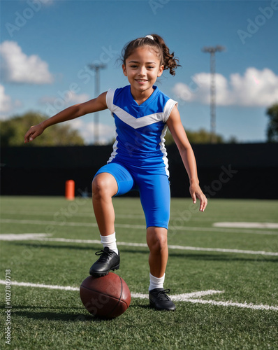 A young latin american girl dressed in a blue sports outfit is seen smiling brightly while balancing one foot on a rugby ball on a green field. Playful, energetic, enthusiasm, woman sports.