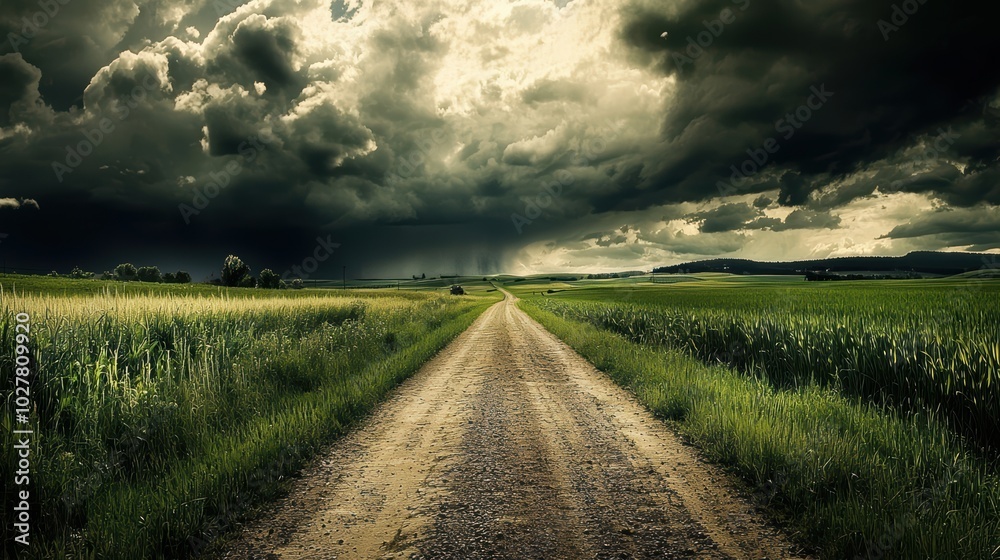 Storm over the road in the countrtyside, heavy clouds on sky Storm over the road in the countrtyside, heavy clouds on sky