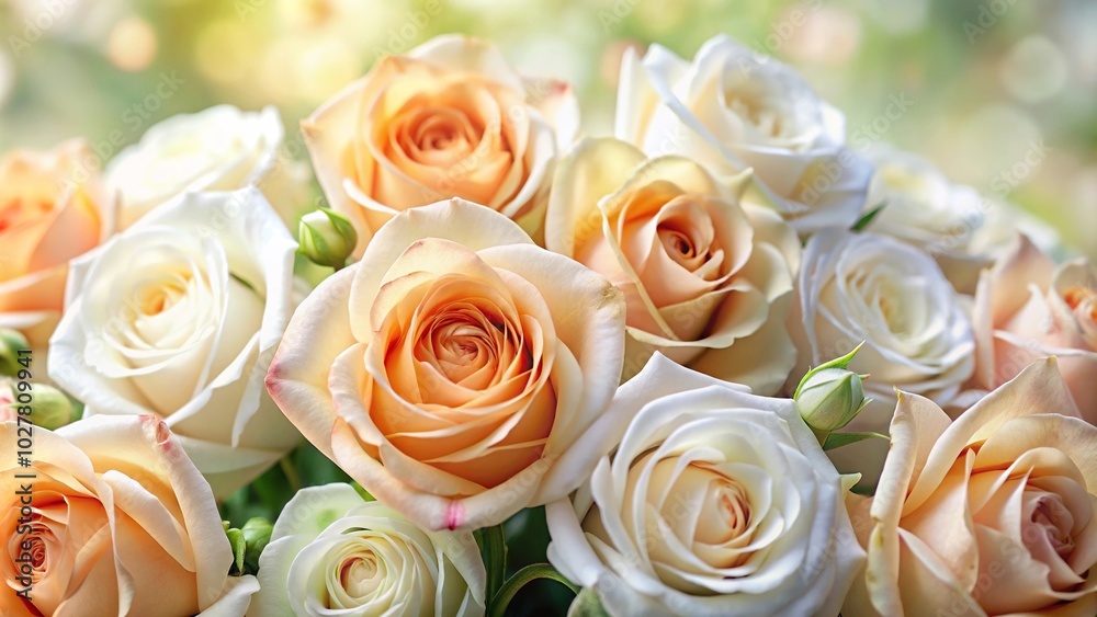 Extreme close-up of elegant white and peach roses on floral background Extreme close-up of elegant white and peach roses on floral background