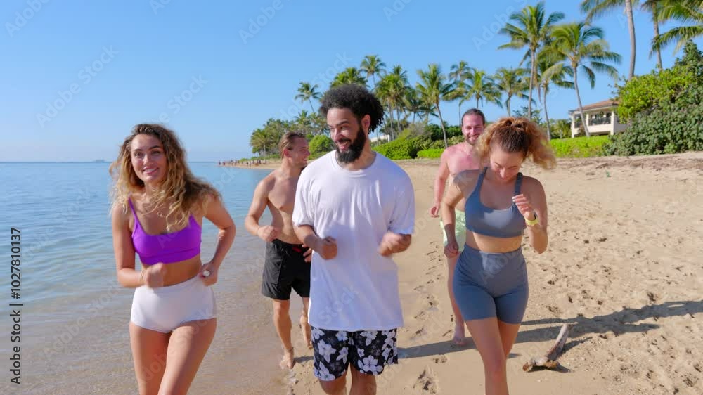A lively group of friends strolls along a sandy beach in Hawaii, surrounded by clear ocean waters and swaying palm trees, embodying the spirit of a tropical paradise filled with joy A lively group of friends strolls along a sandy beach in Hawaii, surrounded by clear ocean waters and swaying palm trees, embodying the spirit of a tropical paradise filled with joy