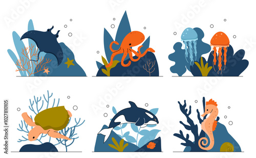 Set of sea creatures. Octopus and meduses, turtle and sea horse, shark. Zoology and biology. Unwerwater world and sea life. Flat vector collection