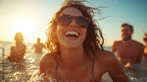 A carefree woman with a big smile wearing sunglasses enjoys swimming in the ocean with friends, capturing the essence of summer fun and happiness in the sunlight.
