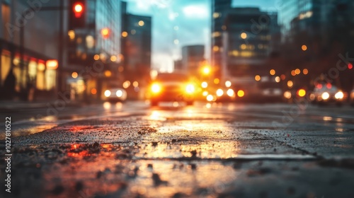 A vibrant city street scene at dusk featuring glowing headlights of passing cars, with soft focus capturing the essence of urban life and evening hustle.