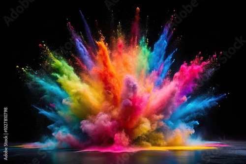 Explosion of colored powder splatter on black background