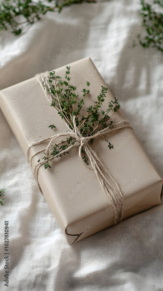 A photo of an elegant, wrapped gift with natural twine and dried thyme tied around it, sitting on top of a vintage-style tablecloth A photo of an elegant, wrapped gift with natural twine and dried thyme tied around it, sitting on top of a vintage-style tablecloth
