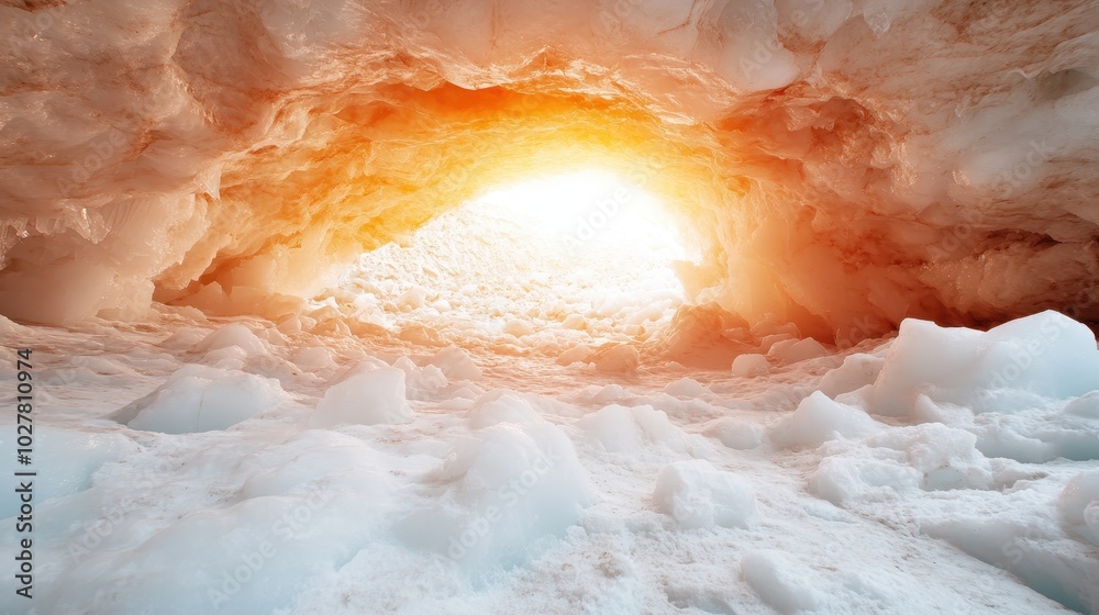 The interior of an ice cave glows with golden light from the sunset, casting warm hues across the icy formations, blending a surreal mix of warmth and cold.